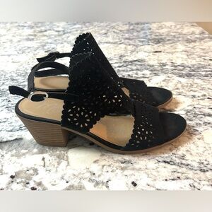 Women's Black Laser-Cut Slingback Block Heel Sandals